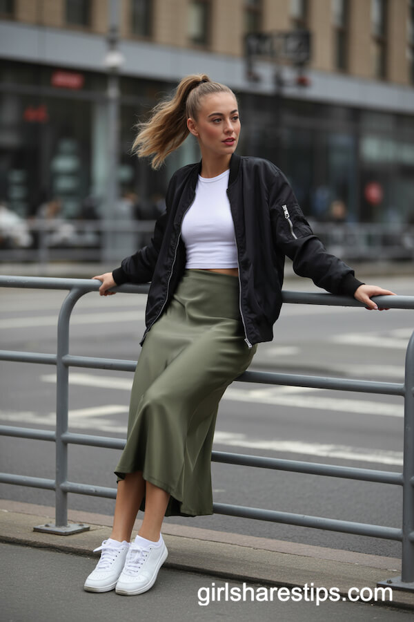 Olive Green Satin Skirt with Bomber Jacket and Sporty Sneakers