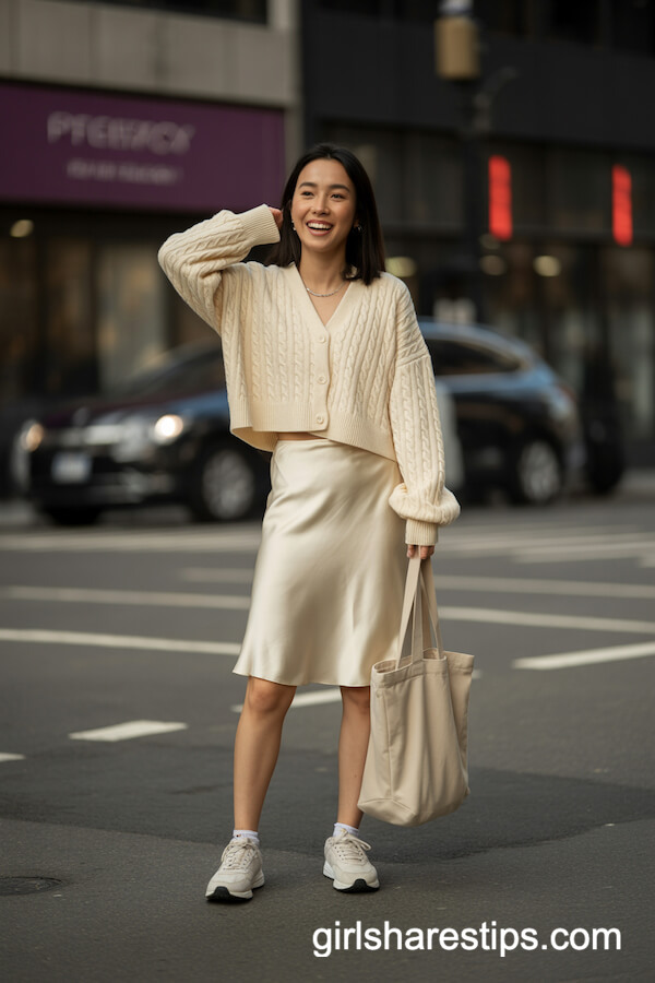 Cream Satin Skirt with Cable Knit Cardigan and Tennis-Style Sneakers
