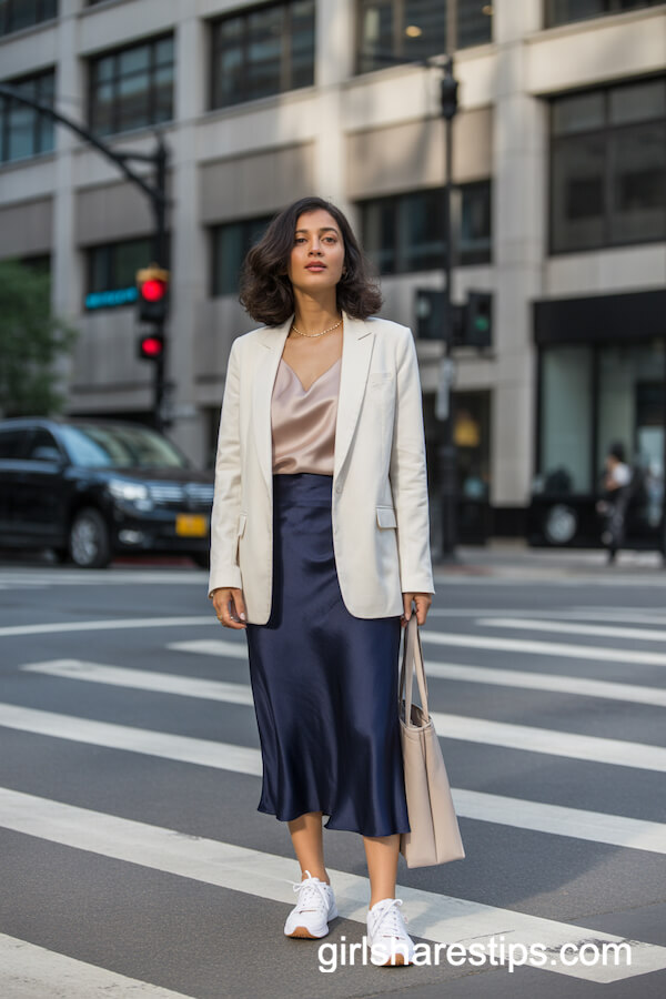 Navy Satin Midi Skirt with Cream Blazer and White Sneakers