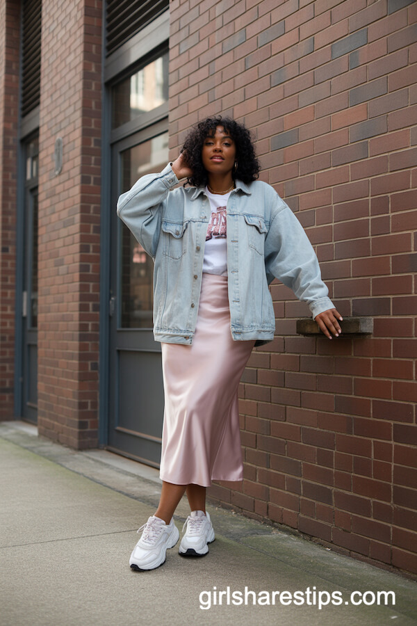 Pastel Pink Satin Skirt with Denim Jacket and Chunky Sneakers