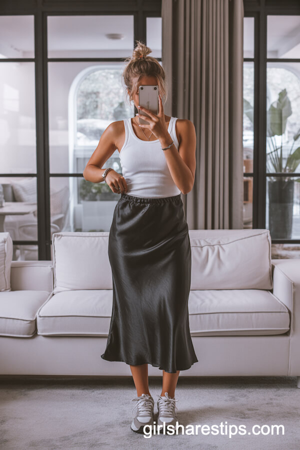 White Tank Top with Black Satin Skirt and Chunky Sneakers