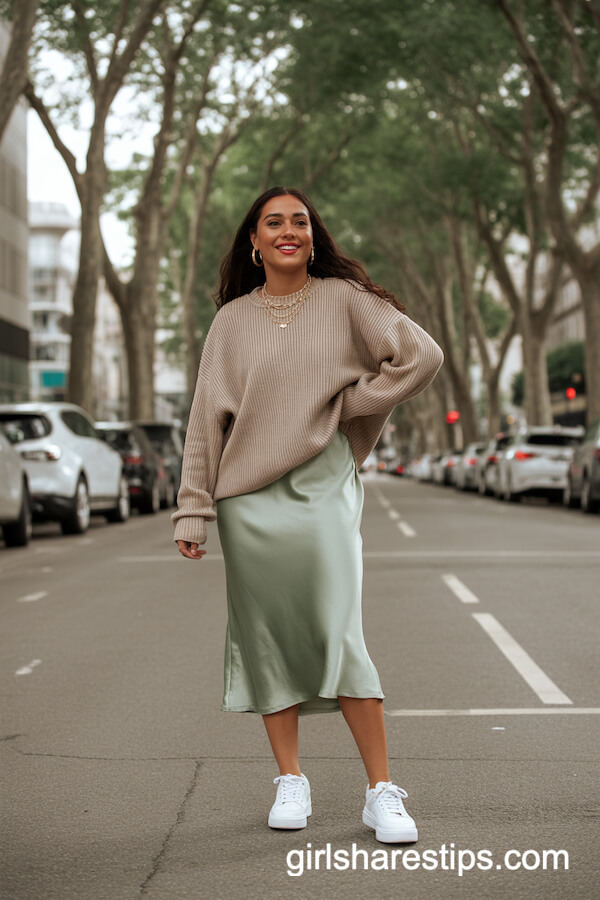 Sage Green Satin Slip Skirt with Beige Knit Sweater and Platform Sneakers