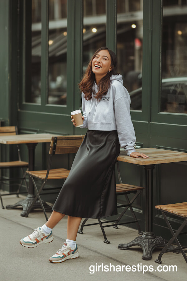 Black Satin Midi Skirt with Cropped Hoodie and Retro Sneakers