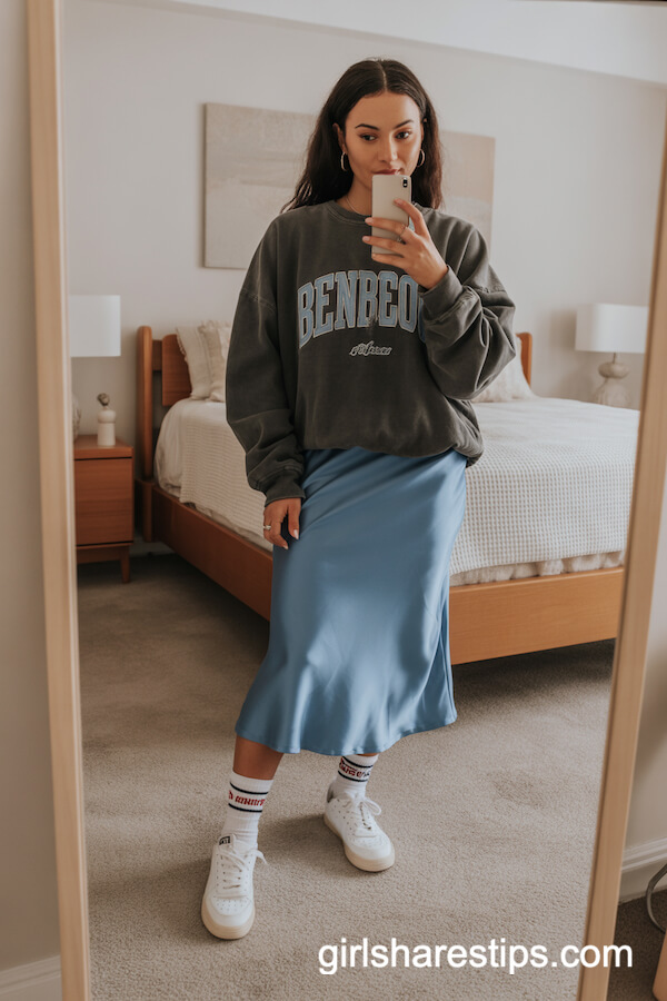 Blue Satin Midi Skirt with Vintage Band Sweatshirt and Fun Socks
