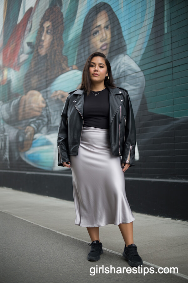 Silver Satin Midi Skirt with Leather Jacket and Black Sneakers