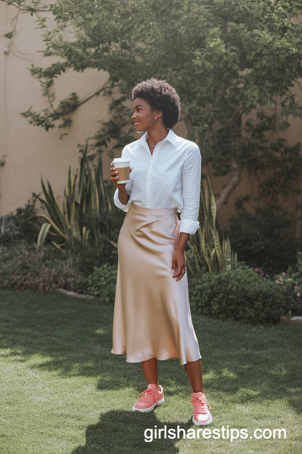 Pale Pink Satin Skirt with White Button-Down Shirt and Coral Sneakers