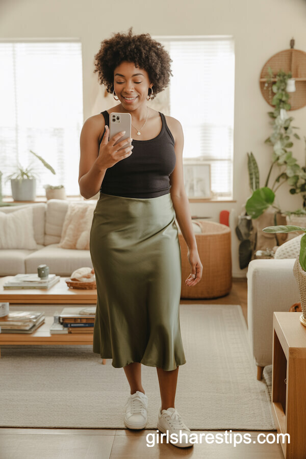 Olive Satin Slip Skirt with Black Tank Top and White Sneakers