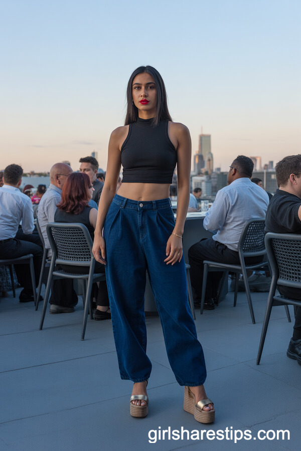 High Platform Sandals with Dark Blue Baggy Jeans and a Mock Neck Crop Top