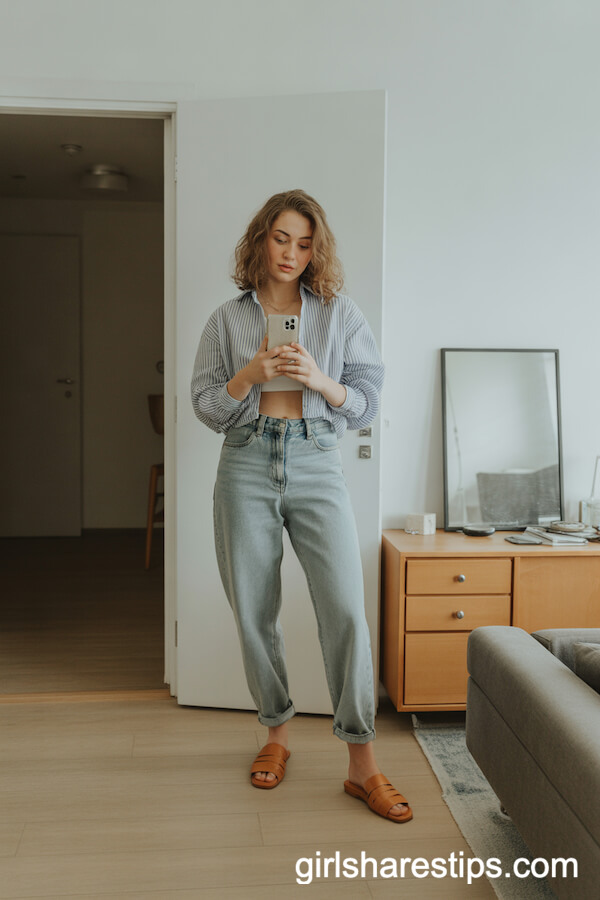 Tan Leather Mule Slides with Faded Baggy Jeans and a Striped Shirt