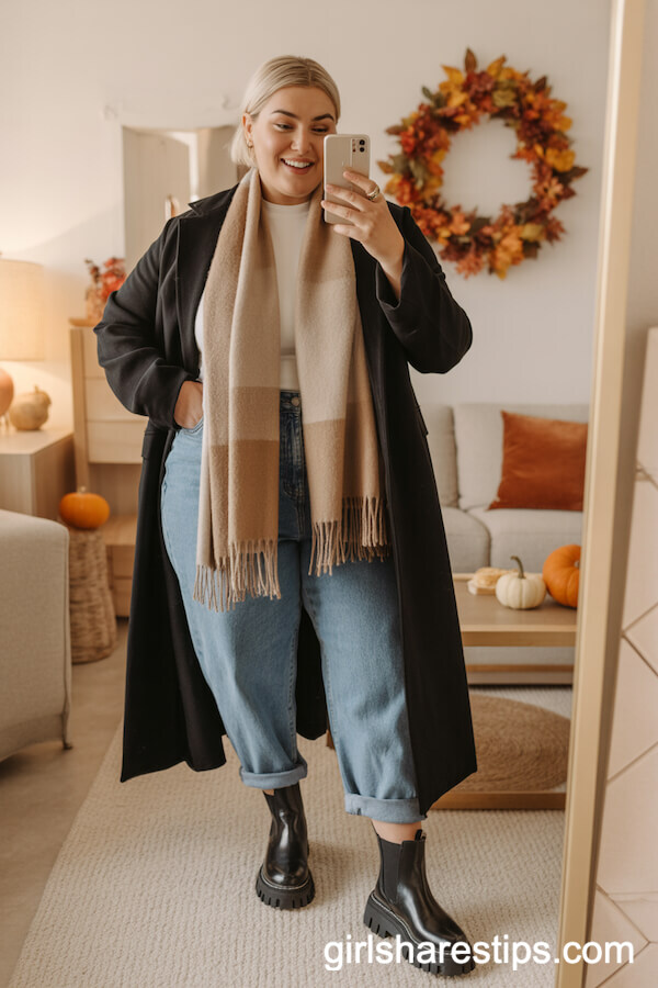 Chunky Black Chelsea Boots with Baggy Jeans and a Tailored Coat