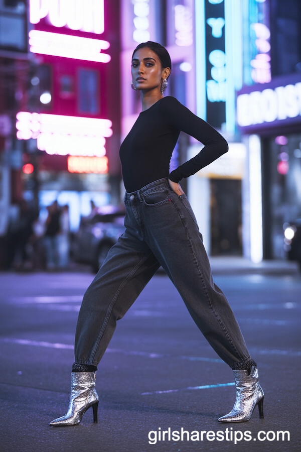 Metallic Statement Heeled Boots with Charcoal Baggy Jeans and a Fitted Bodysuit