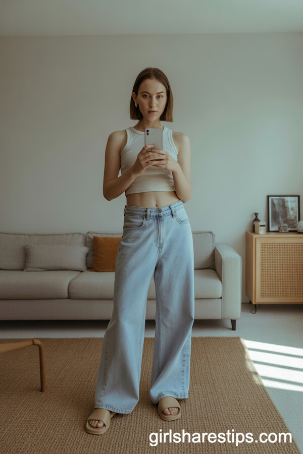 Minimal Beige Slides with Wide-Leg Baggy Jeans and a Cropped Tank Top