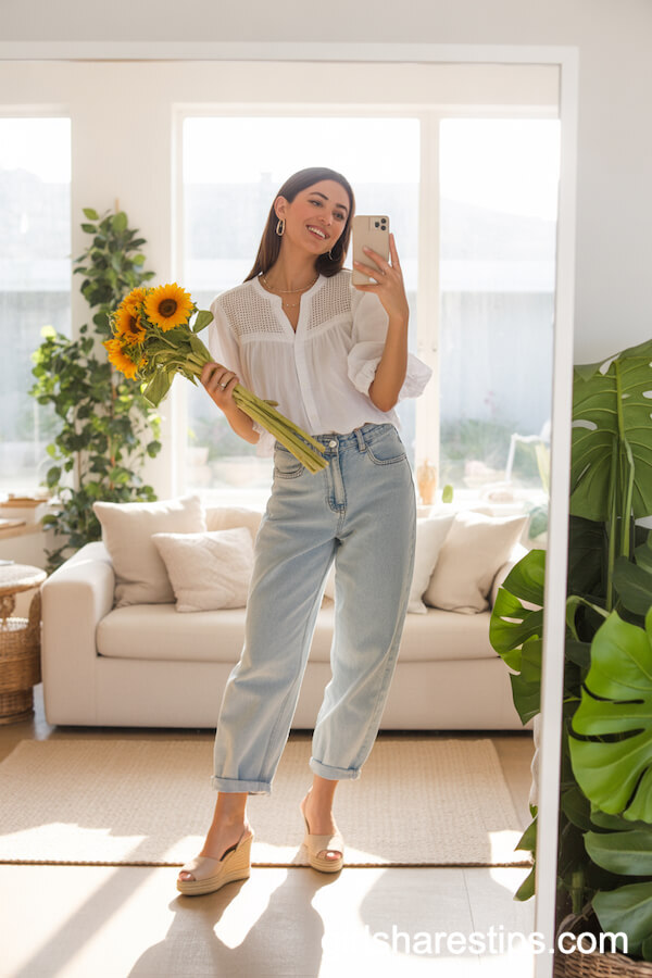 Beige Wedge Espadrilles with Light-Wash Baggy Jeans and a Breezy White Blouse