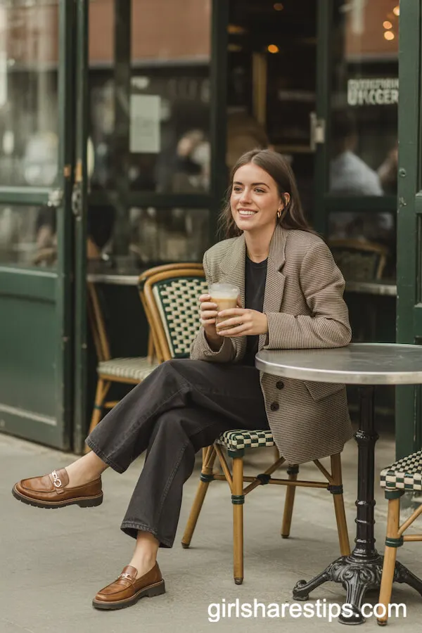 Brown Leather Loafers with Dark Baggy Jeans and a Structured Blazer