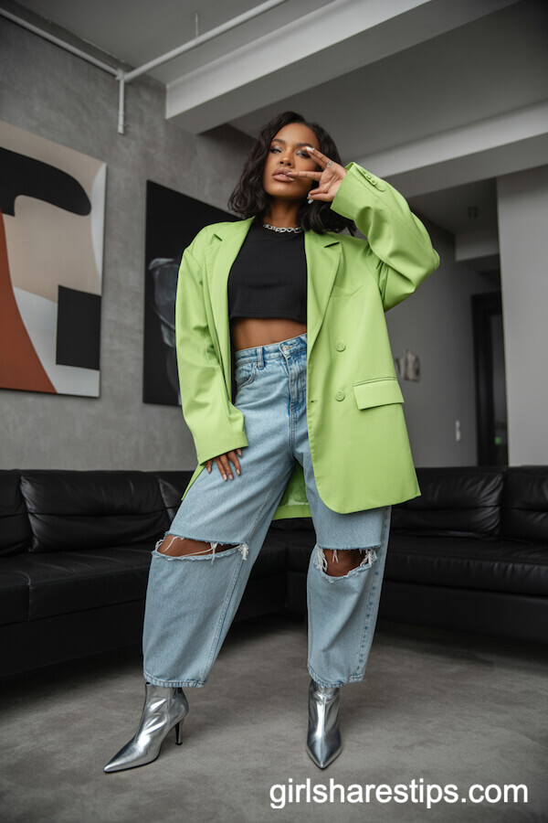 Metallic Silver Ankle Boots with High-Waisted Baggy Ripped Jeans and a Neon Green Blazer