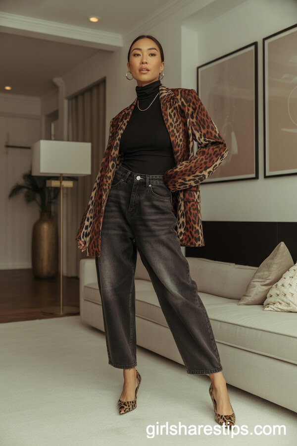 Animal Print Pointed-Toe Heels with Dark-Wash Baggy Jeans and a Black Turtleneck