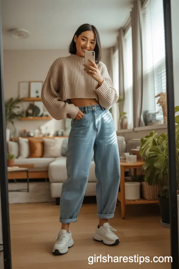 Chunky Dad Sneakers with Baggy Mid-Blue Jeans and a Cropped Knit Sweater