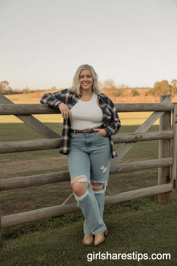 Tan Cowgirl Boots with Distressed Baggy Jeans and a Flannel Shirt