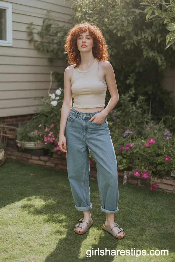 Taupe Birkenstock Sandals with Rolled Baggy Jeans and an Ivory Tank Top