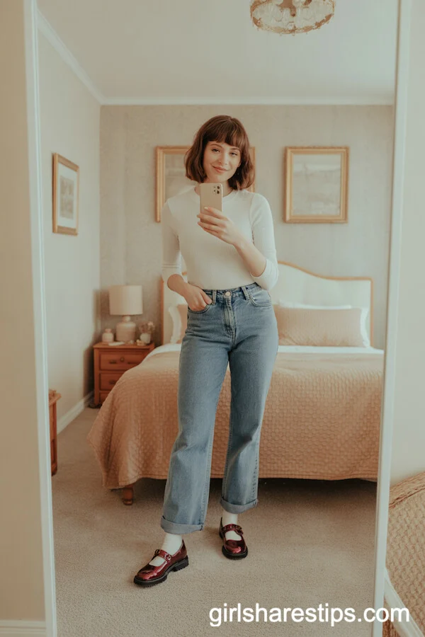 Bootcut Jeans with Burgundy Mary Janes