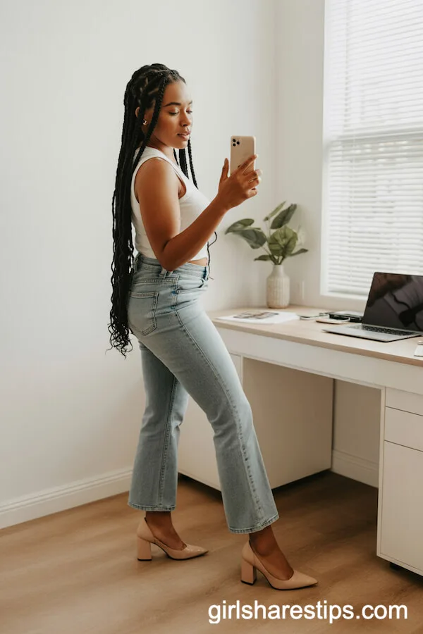 Bootcut Jeans with Nude Block Heel Pumps