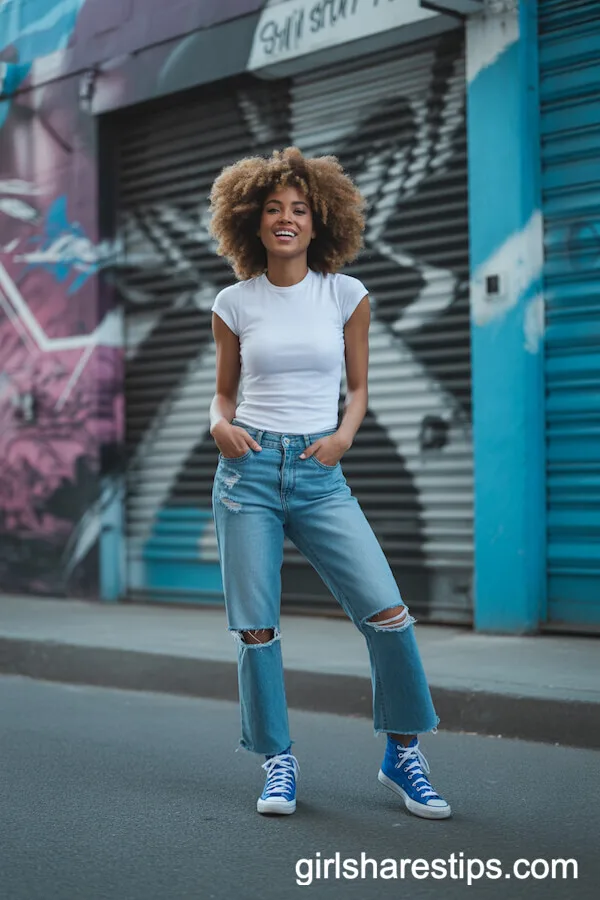 Bootcut Jeans with Blue High Top Sneakers