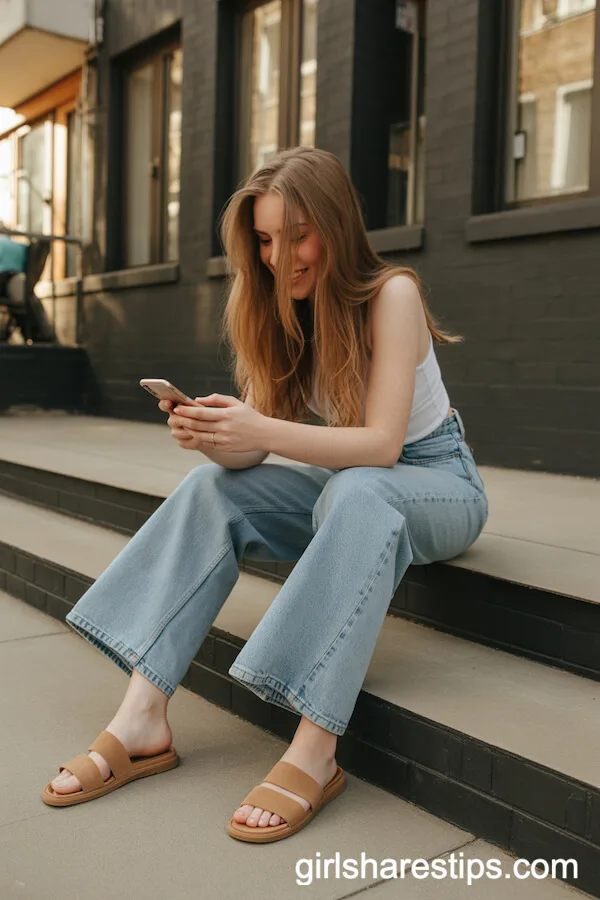 Bootcut Jeans with Tan Slide Sandals