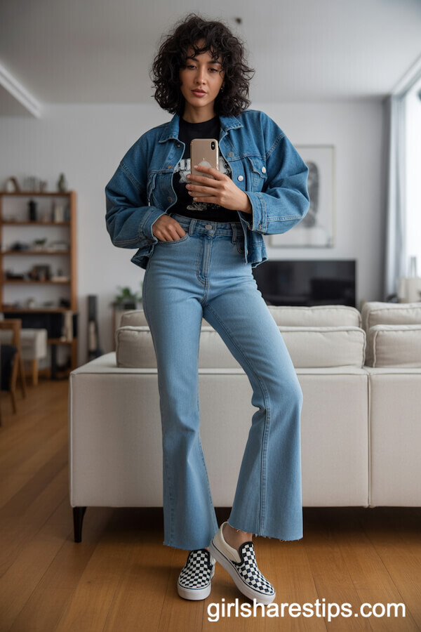 Bootcut Jeans with Checkerboard Slip-On Vans