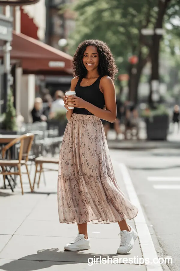 White Sneakers with a Flowy Floral Maxi Skirt