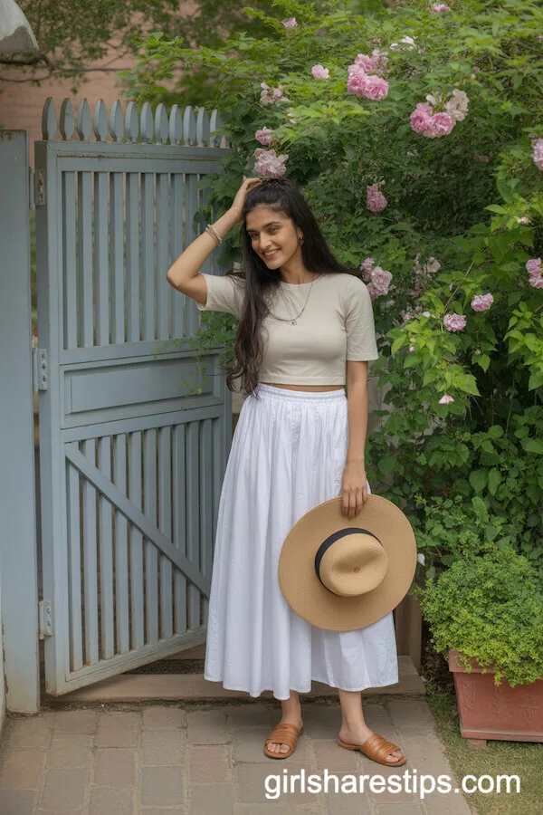 Brown Minimalist Flat Sandals with a White Cotton Long Skirt