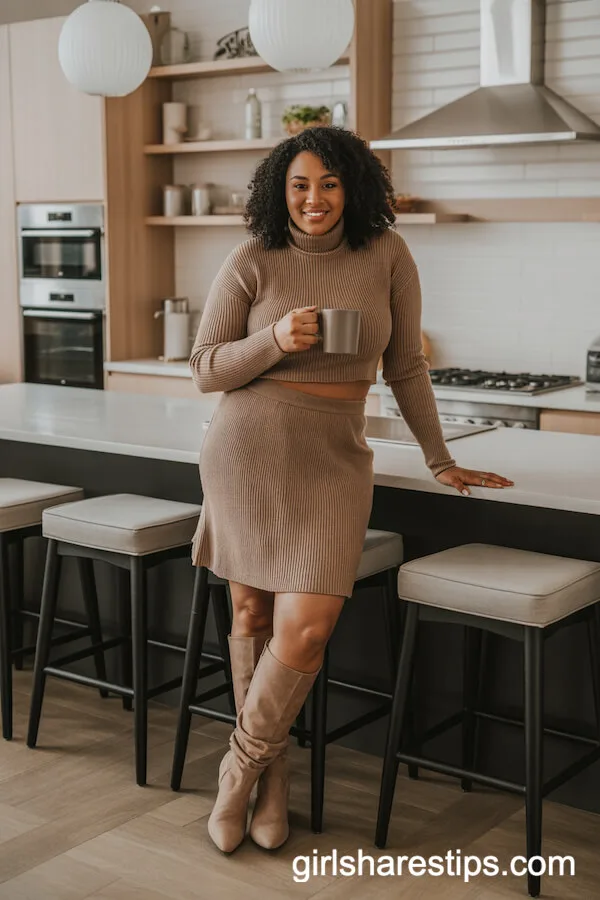 Knee-High Slouchy Suede Boots with a Rib-Knit Sweater Skirt