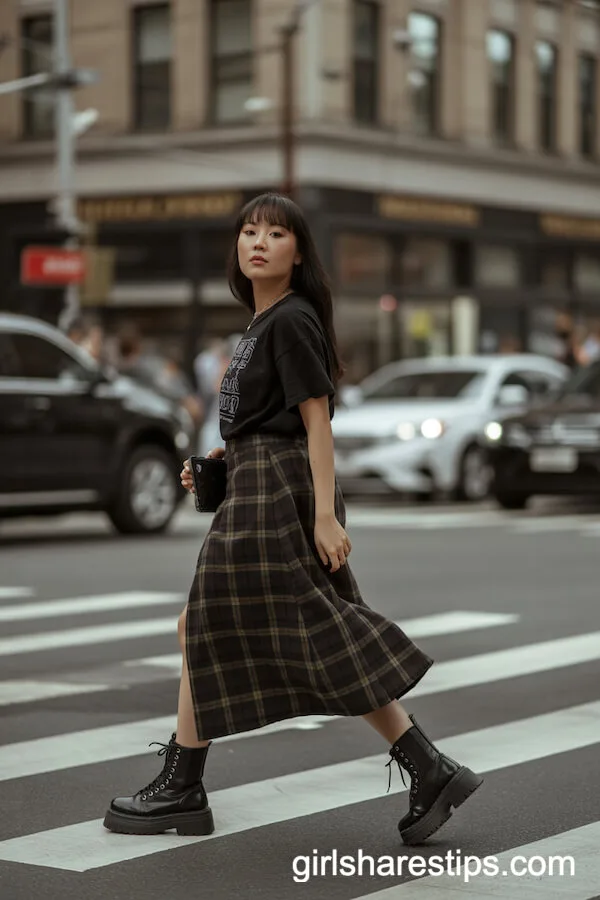 Chunky Combat Boots with a Plaid Long Skirt and Graphic Tee