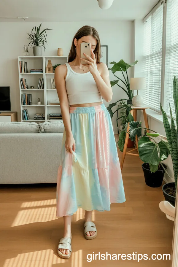 Comfy Slide Sandals with a Pastel Tie-Dye Long Skirt