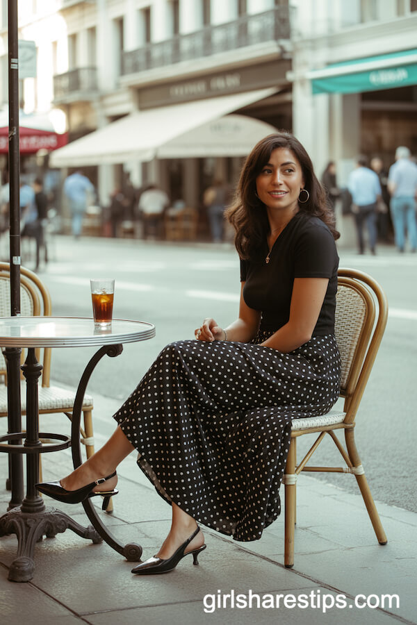 Black Kitten Heel Slingbacks with a Classic Polka-Dot Long Skirt