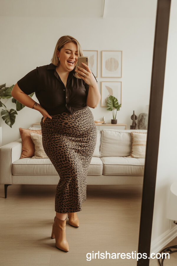 Tan Heeled Booties with an Animal-Print Long Skirt