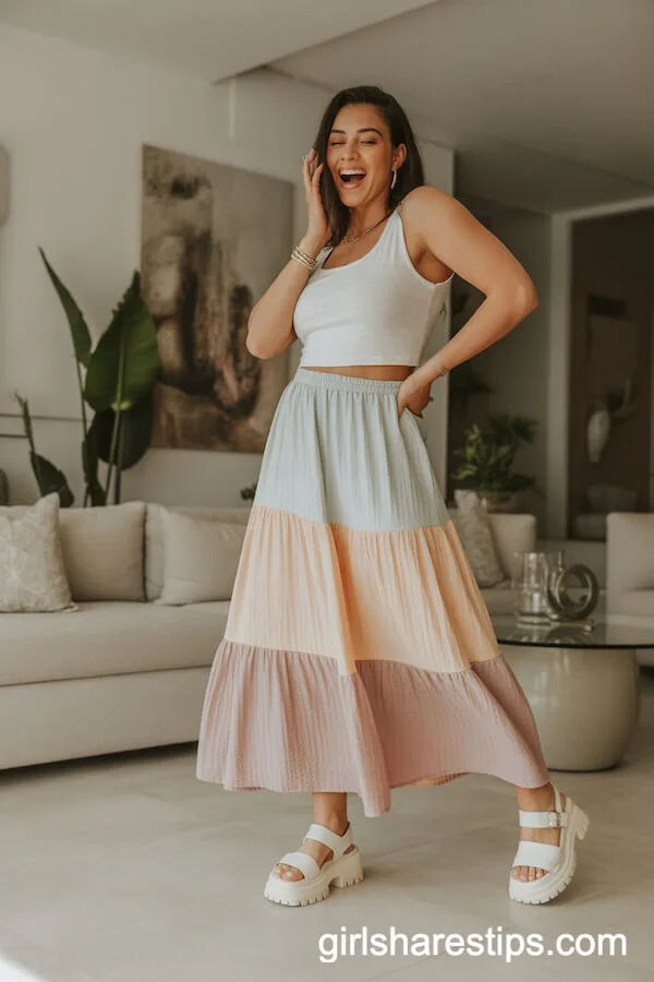 Chunky Platform Sandals with a Pastel Tiered Long Skirt