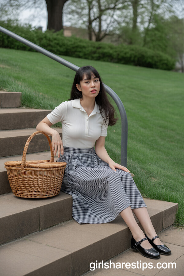 Black Mary Jane Flats with a Gingham Long Skirt