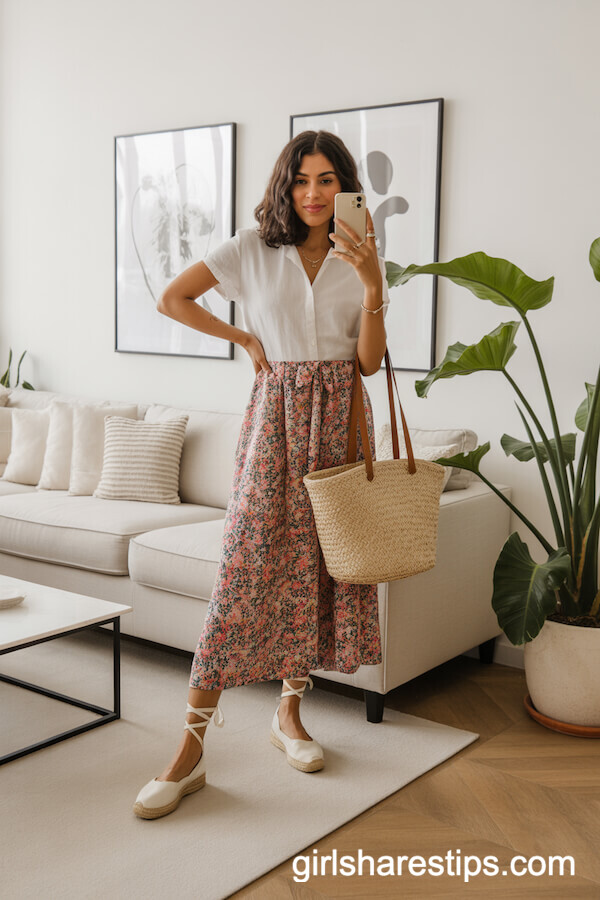 Cream Lace-Up Espadrille Flats with a Colorful Wrap Long Skirt