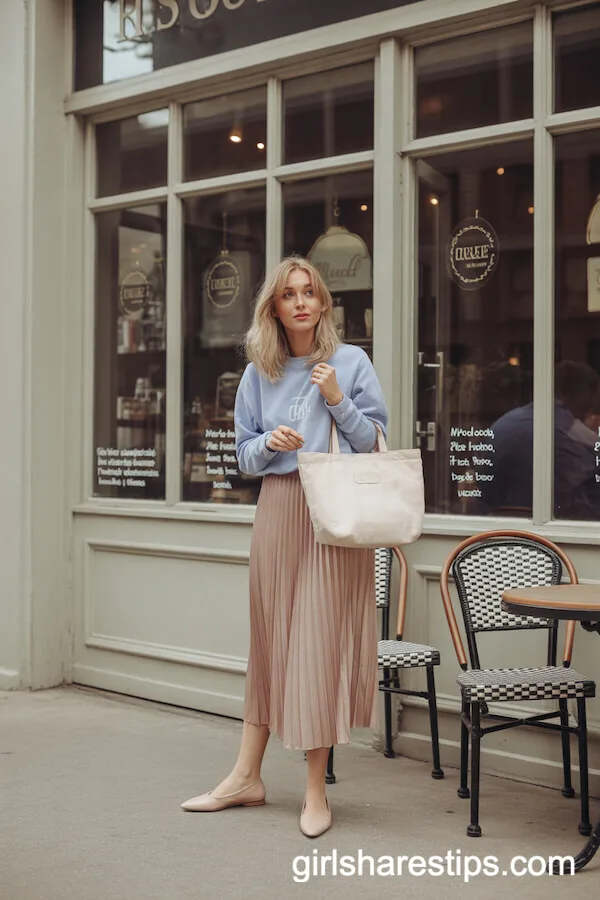 Nude Ballet Flats with a Pleated Midi Skirt