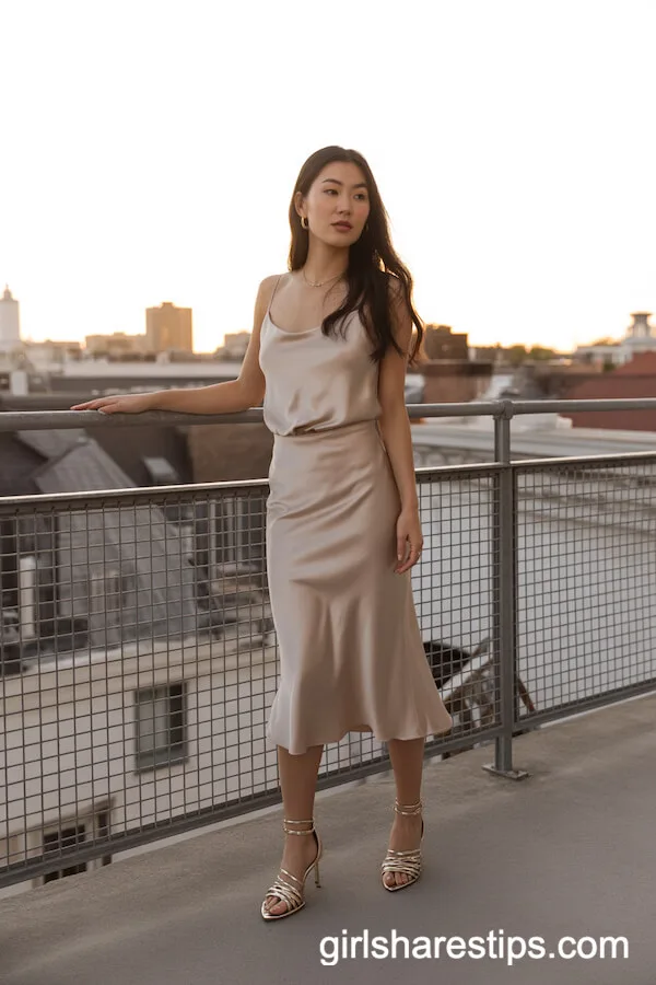 Gold Strappy Sandals with a Champagne Satin Slip Skirt