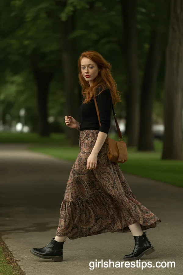 Black Leather Ankle Boots with a Paisley Boho Maxi Skirt