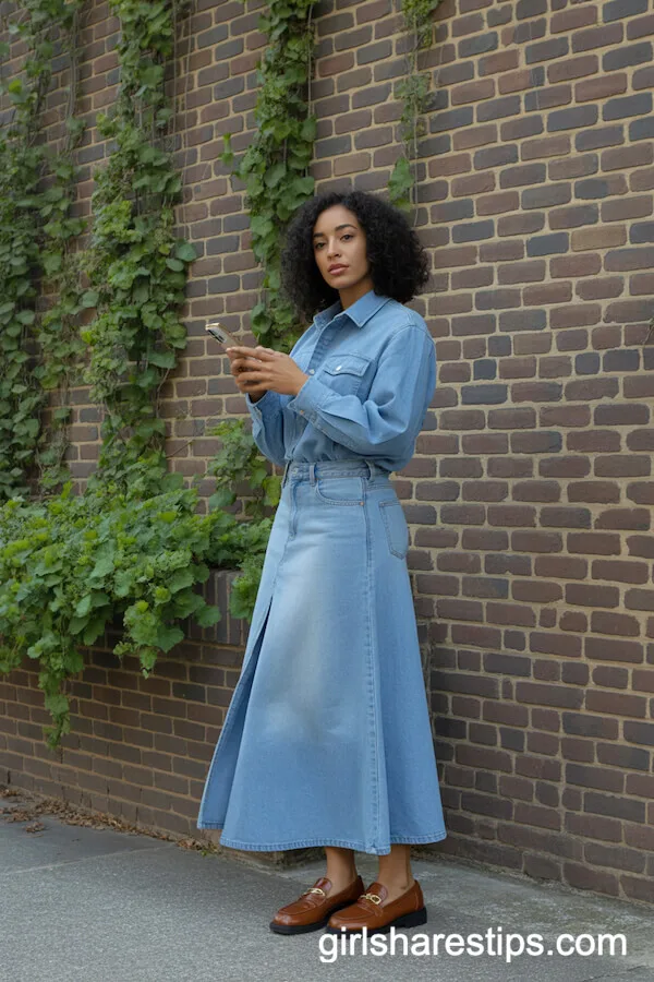 Brown Leather Loafers with a Long Denim Skirt