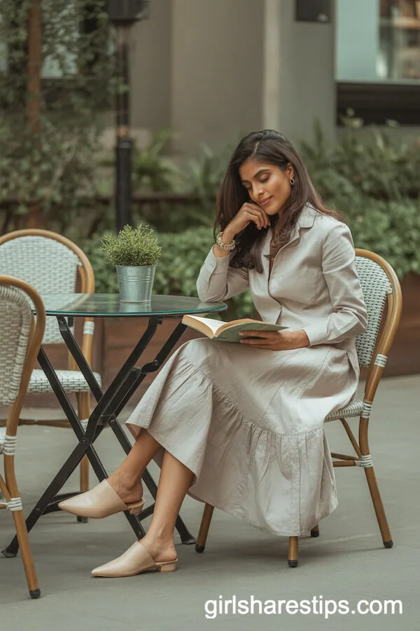 Beige Pointed-Toe Mules with a Linen Midi Skirt