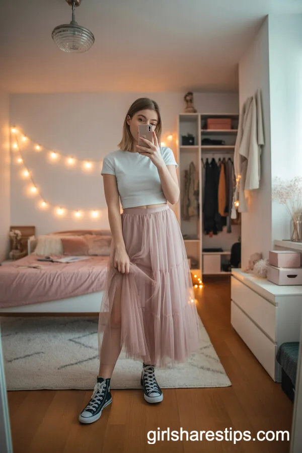 Black High-Top Converse with a Light-Pink Tulle Skirt