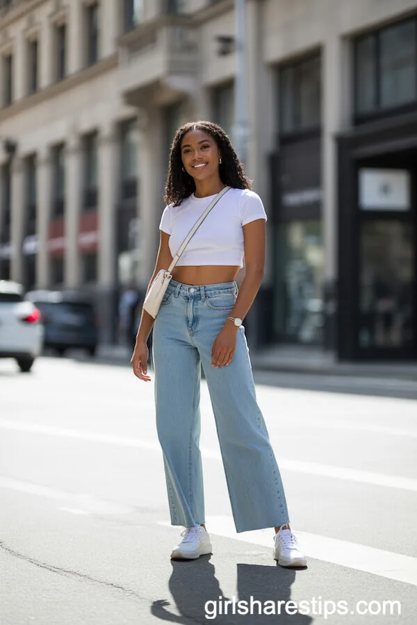 Classic White Sneakers with Cropped Tee and Light-Wash Wide Leg Jeans