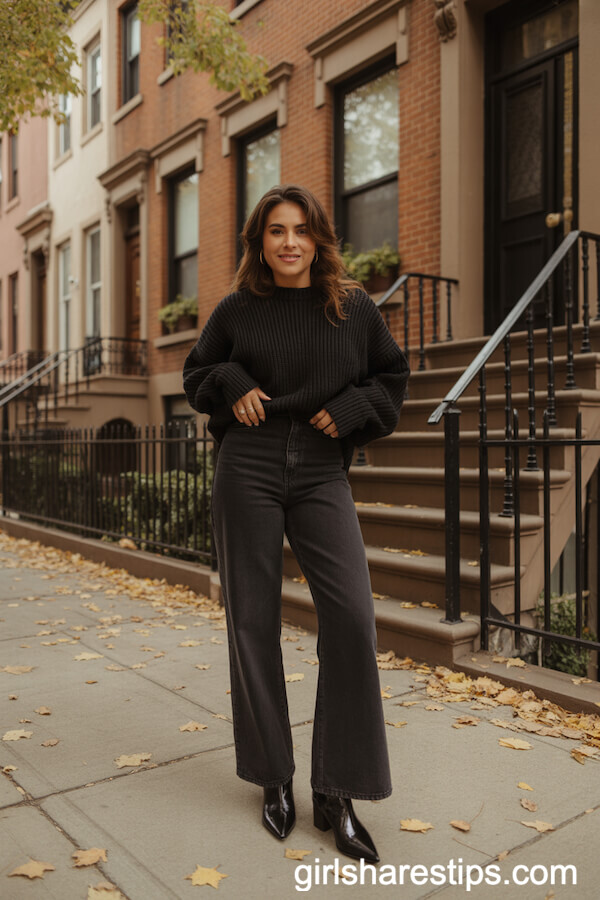 Black Pointed-Toe Booties with Dark Wide Leg Jeans and Chunky Knit Sweater