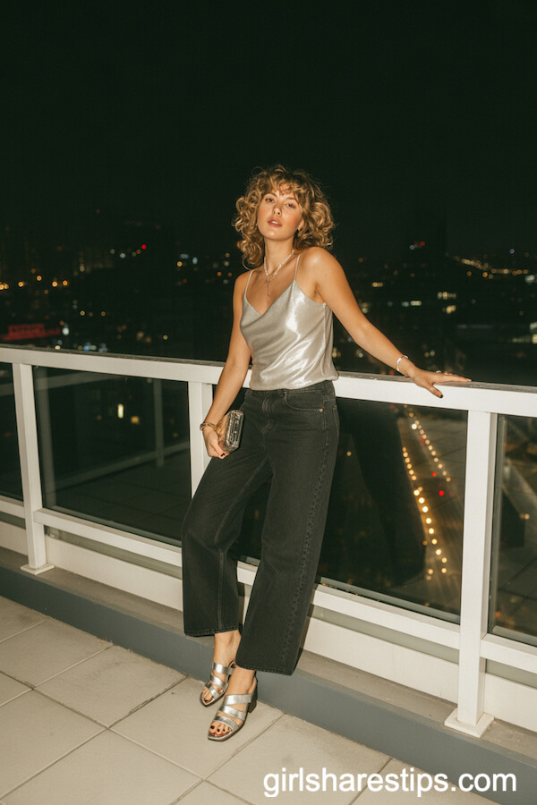 Metallic Silver Sandals with Black Wide Leg Jeans and Shimmery Camisole Top