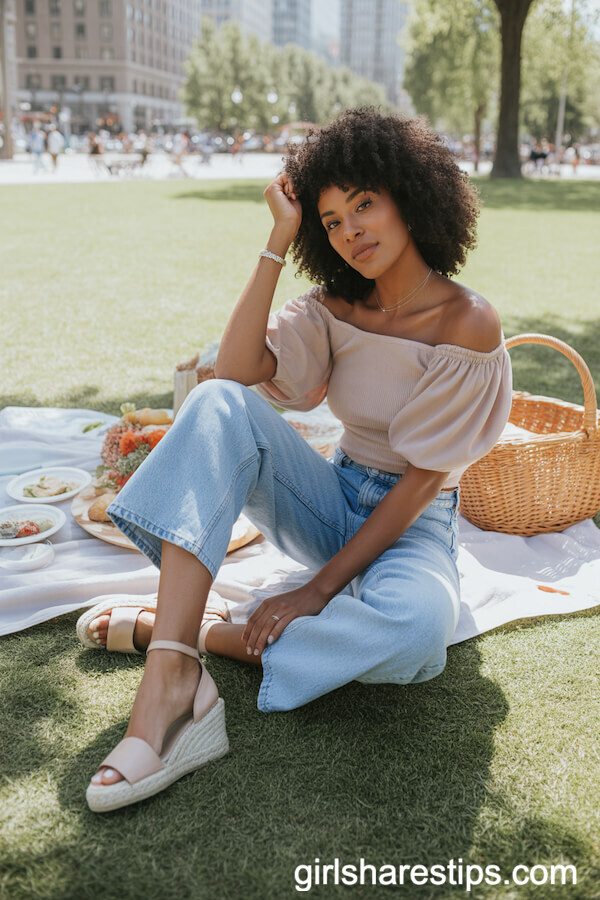 Espadrille Wedge Sandals with Cropped Wide Leg Jeans and Off-Shoulder Top