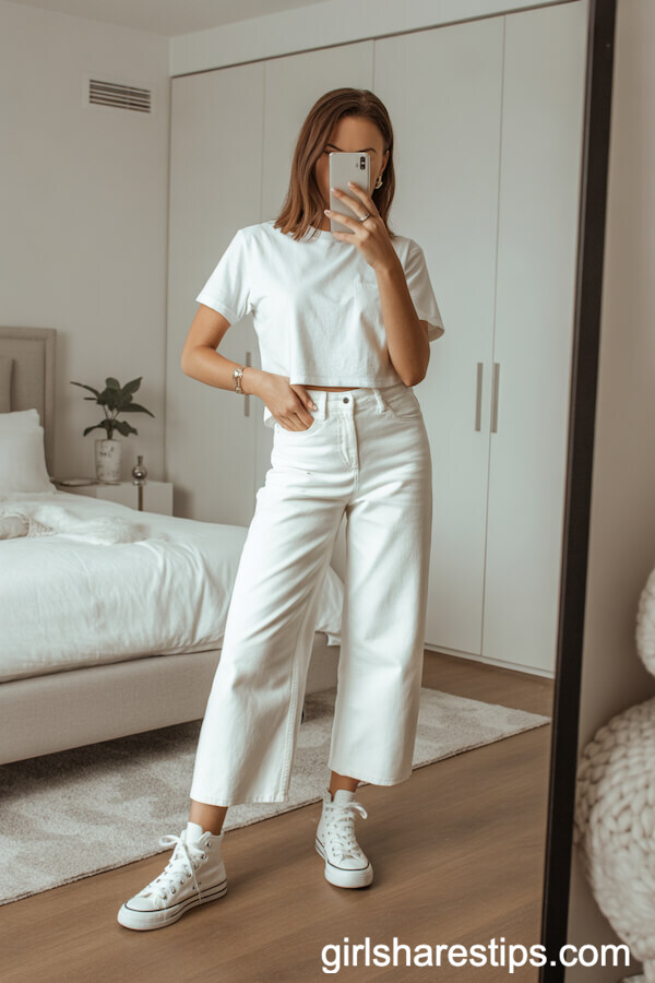 Monochrome High-Top Sneakers with Cropped White Wide Leg Jeans and T-Shirt