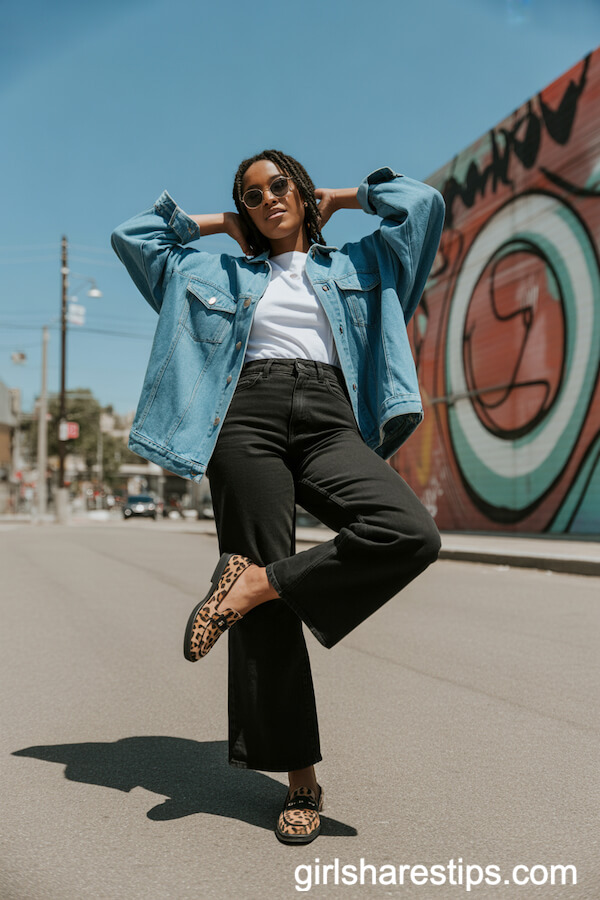 Leopard-Print Loafers with Black Wide Leg Jeans and Oversized Denim Jacket